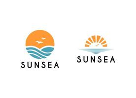 sommar strand kust ö logotyp, solnedgång ö natur logotyp design vektor