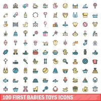 100 först spädbarn leksaker ikoner uppsättning, Färg linje stil vektor