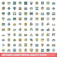 100 video spel virtuell verklighet ikoner uppsättning, Färg linje stil vektor