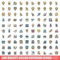 100 skönhet salong interiör ikoner uppsättning, Färg linje stil vektor