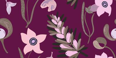 ein Muster mit Rosa Blumen und Blätter auf ein lila Hintergrund vektor