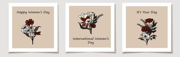 internationell kvinnors dag. en uppsättning av hälsning kort med färgrik av buketter. trendig botanisk element vektor