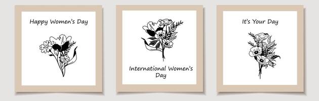 internationell kvinnors dag. en uppsättning av hälsning kort med linje konst av buketter. trendig botanisk element. vild blommor och löv vektor