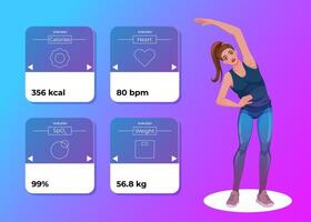 aktivitet kondition app för hälsa begrepp med sportig kvinna i tecknad serie stil. webb design och mobil mall. vektor illustration.