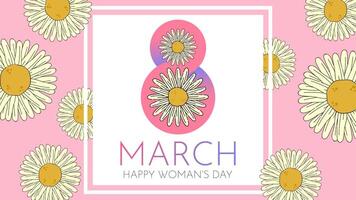 Banner zum das International Damen Tag. Flyer zum März 8 mit das Dekor von Blumen. Vorlage Einladungen mit das Nummer 8 mit Gänseblümchen. vektor