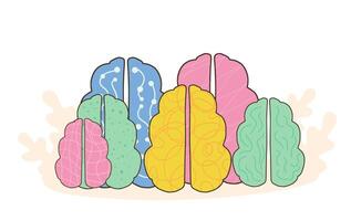 grupp av annorlunda mänsklig hjärnor. neurodiversitet symbol. brainstorming, kreativ tänkande tecken. färgrik mänsklig sinnen liknelse. vektor illustration