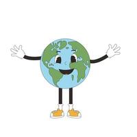 Erde Maskottchen im retro Stil. süß Planet Charakter isoliert auf Weiß Hintergrund. Vektor Globus mit Gesicht Illustration.