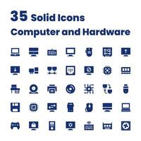 uppsättning fast ikoner dator och hårdvara vektor