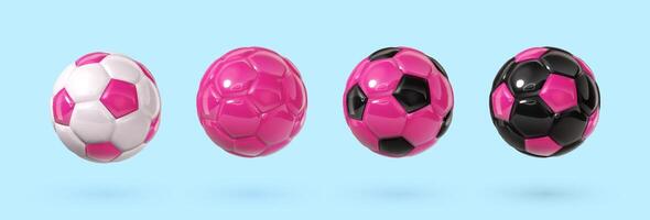 Rosa und schwarz glänzend Fußball Bälle isoliert Design Elemente. bunt rosig Fußball Bälle Sammlung. Vektor 3d Design Elemente auf Licht Hintergrund. Sport schließen oben Symbole