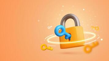 Sicherheit, Verschlüsselung, Schutz, Privatsphäre, Daten Zugang. Gelb Vorhängeschloss mit Schlüsselloch und Blau Schlüssel 3d Karikatur Vektor Illustration auf Orange Hintergrund mit Licht Auswirkungen.