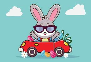 Ostern Hase tragen Sonnenbrille Ridin auf das Auto mit Ostern Eier Vektor Illustration