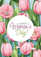 Gruß Karte zum International Damen Tag. Poster mit Rosa Tulpen zum März 8. Vektor Vorlage mit Frühling Strauß