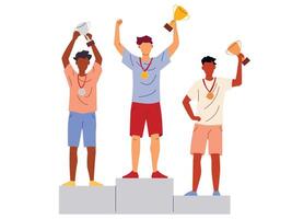 Vektor Illustration von Männer Stand auf das vergeben Gewinner Podium und halt das Gewinner Tassen.