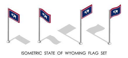 isometrisk flagga av amerikan stat av wyoming i statisk placera och i rörelse på flaggstång. 3d vektor
