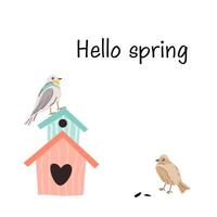 Hallo Frühling Beschriftung und Vogelhaus mit Vögel Karte, Startseite Design. Vektor Illustration isoliert. können benutzt zum Hintergrund, Poster, drucken Design zum Tuch.