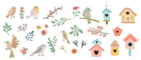 Frühling einstellen von Vogel und Blumen, Vogelhäuser zum Design. Vektor Illustration im eben Stil. Frühling Tiere und Geäst, Vogelhäuser können benutzt zum Karten, Aufkleber, Poster, Vorlagen. Banner