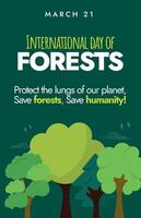 internationell skog dag, 21 Mars skog dag firande baner, posta med jord klot och annorlunda typer av grön träd på Det. skogar och innovation, betydelse av Allt typer av skogar vektor