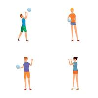 volleyboll spelare ikoner uppsättning tecknad serie vektor. människor spelar volleyboll tillsammans vektor