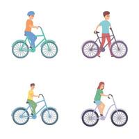 cyklist ikoner uppsättning tecknad serie vektor. människor tar cykel rida vektor