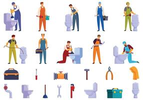 Klempner Arbeiter Reparatur Toilette Symbole einstellen Karikatur Vektor. Flucht Festsetzung vektor