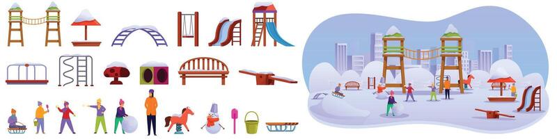 vinter- lekplats ikoner uppsättning tecknad serie vektor. barn trädgård spela vektor