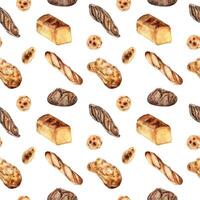 mängd bröd vattenfärg sömlös mönster isolerat på vit. hand dragen råg bröd, limpa för bageri. målad pitta, ciabatta. illustration av baguette. element för design bageri, paket, handel vektor
