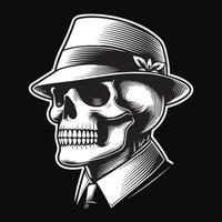dunkel Kunst Schädel Mafia Kopf mit Hut und Halsband schwarz und Weiß Illustration vektor