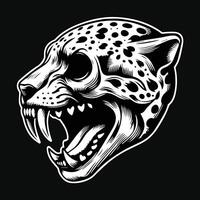 mörk konst arg skalle fä leopard huvud svart och vit illustration vektor