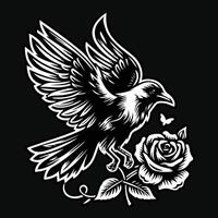 Krähe Stand mit Rose Blume Grunge Jahrgang Stil Hand gezeichnet Illustration schwarz und Weiß vektor