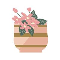 Blume Strauß im dekorativ Rosa Vase mit Gold. Vektor Illustration können benutzt zum Aufkleber, Hintergrund, Gruß Karte. golden Dekor auf Topf und Zuhause Pflanze Blumen.
