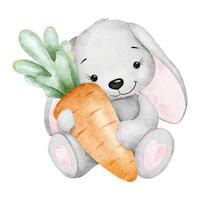 süß Hase ist halten ein Karotte. Hase Umarmungen enorm Karotte. Ostern Hase. isoliert Aquarell Illustration zum Kinder- Waren, Karten, Poster, Einladungen, Babys Textilien und Scrapbooking. vektor