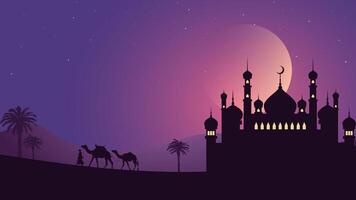 bakgrund med silhuetter av människor, kameler och en skön moské på natt vektor