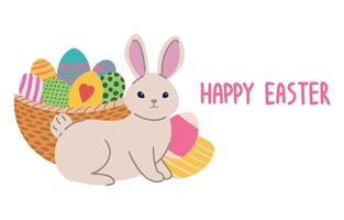 glücklich Ostern Karte, süß Karte mit ein Hase und ein Korb von gemalt Eier. Urlaub Geschenk Karte vektor