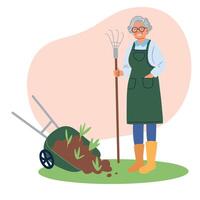 kvinna arbetssätt i trädgård. grön liv och minska påfrestning begrepp. platt vektor design