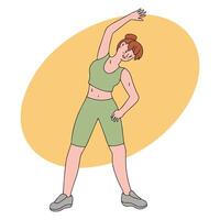 flicka håller på med träning. en flicka är håller på med spratt, stretching innan de träna. friska livsstil. vektor illustration i platt stil