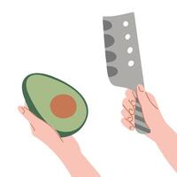 Hand halten Avocado auf isoliert Hintergrund Vektor Banner. richtig Ernährung, Veganismus. Ökoprodukt. Avocado im Hand stilvoll eben Vektor Illustration mit Raum zum Text