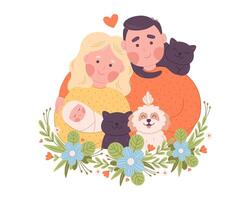 porträtt av Lycklig familj med barn, katter och hund. värld familj dag vektor