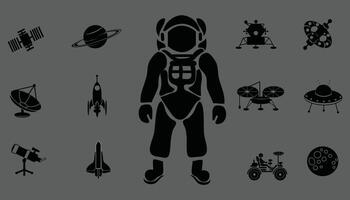 Raum und Astronomie Vektor Symbol. Raum Erkundung. Rakete und Satellit, Planet und Astronaut Vektor Zeichen