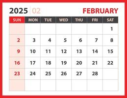 februari 2025 mall, kalender 2025 design vektor, planerare layout, vecka börjar söndag, skrivbord kalender 2025 mall, pappersvaror. vägg kalender på röd bakgrund, vektor eps 10