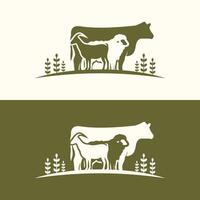 Kuh Schaf Ziege Bauernhof Tier mit Pflanze Gras. Silhouette Vektor Illustration Vieh Logo
