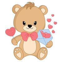 Süss Teddy Bär halten ein Süßigkeiten und ein Geschenk Briefumschlag mit Herzen. glücklich Valentinstag Tag. Vektor Illustration.