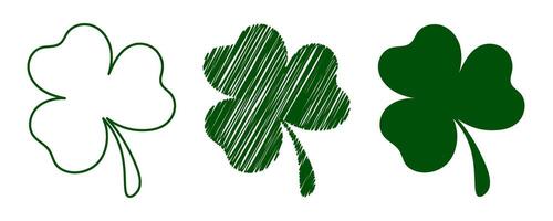 grön klöver blad isolerat på transparent bakgrund. kontur, skuggad och fast fylla. platt stil design element. Lycklig st. Patricks dag. vektor illustration.