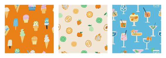 uppsättning av sömlös mönster med en sommar vibe. is grädde, drycker, frukt. vektor platt illustration. design för tyg och Mer.
