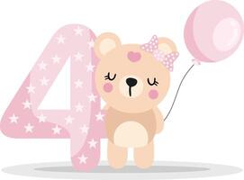 süß Teddy Bär Mädchen mit Ballon zu feiern glücklich 4 Jahr oder 4 Monat vektor
