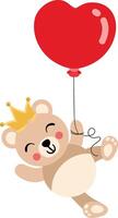 söt kung teddy Björn flygande med en hjärta formad ballong vektor