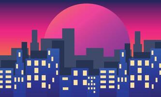 retro futuristisch Synthwave Retrowave gestylt Nacht Stadtbild mit Sonnenuntergang auf Hintergrund. Startseite oder Banner Vorlage zum retro Welle Musik. vektor