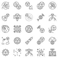 nukes i Plats översikt ikoner uppsättning - rymdbaserad kärn vapen, missil linje begrepp vektor symboler
