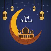 eid mubarak eller ramadan kareem på islamic design begrepp med en måne på Färg bakgrund. vektor