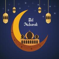 eid Mubarak oder Ramadan kareem auf islamisch Design Konzept mit ein Mond auf Farbe Hintergrund. vektor