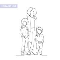 ett enda ändlös linje enda förälder familj grupp porträtt, enkel kontinuerlig kontur, modern trendig stil, vektor illustration isolerat på vit. enda mor och två barn